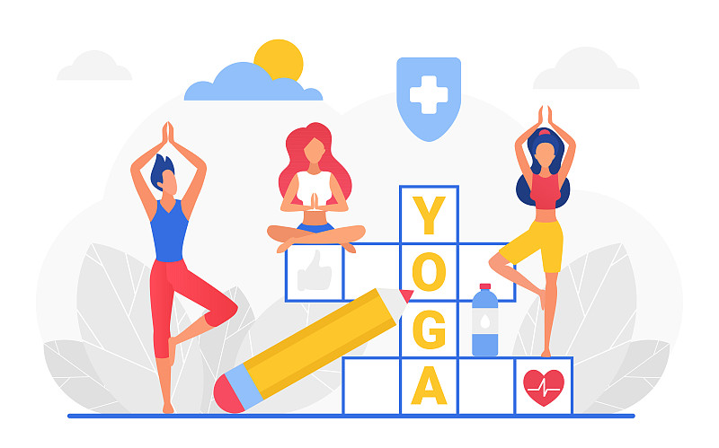 瑜伽填字游戏，卡通男女瑜伽师角色团队做运动锻炼，冥想图片下载