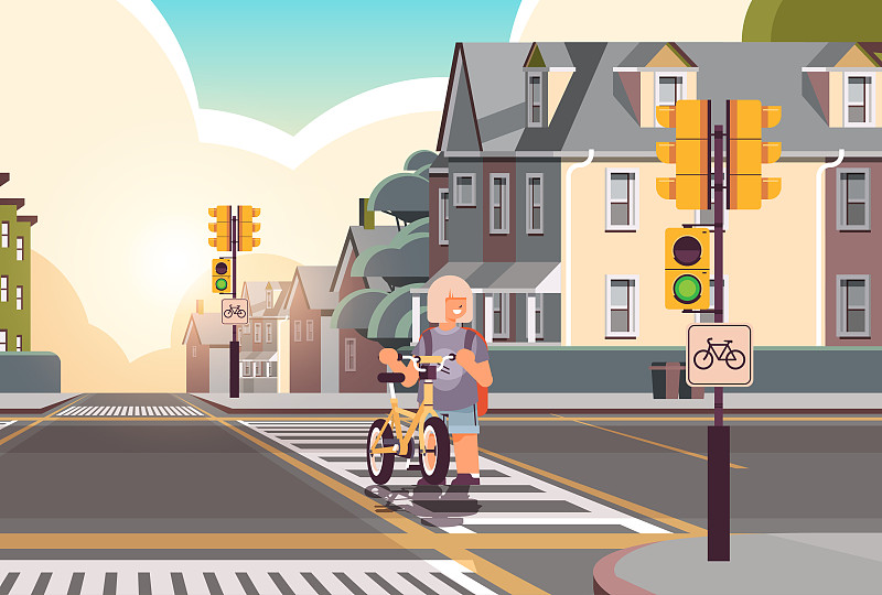 女生以自行车过马路、横贯人行横道的安全理念为背景的城市景观图片下载