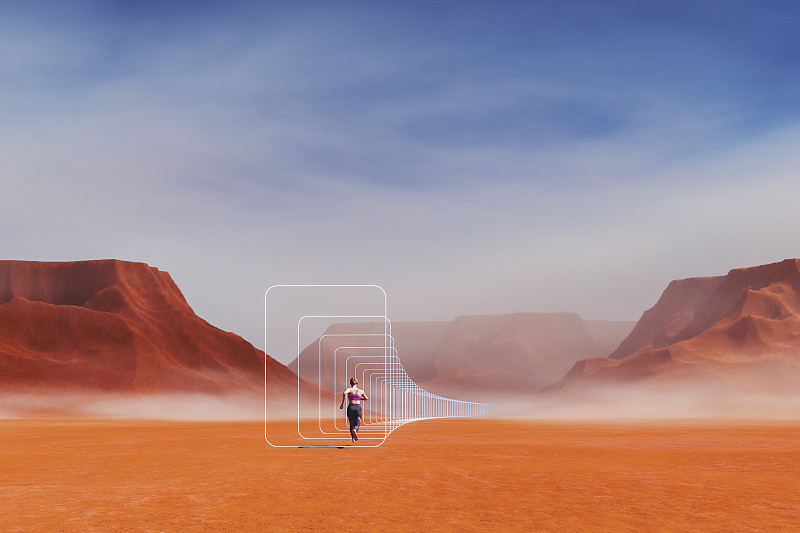 一个在贫瘠的沙漠中奔跑的女人的抽象形象图片下载