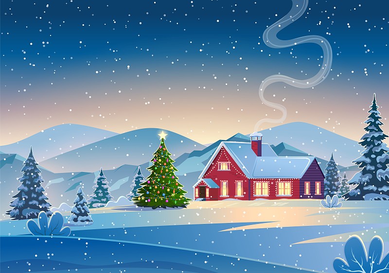 一个房子在一个下雪的圣诞景观的夜晚。图片下载