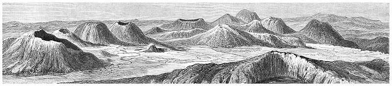 山脉构造(山脉)的雕刻插图。法国奥弗涅的火山构造摄影图片