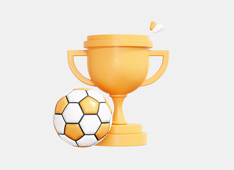 3D奖杯和足球。第一名奖。足球比赛和黄金奖励。赢家的概念。胜利奖图标孤立在白色背景。卡通创意设计插画。三维渲染下载