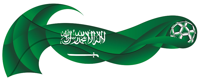 绿白相间的足球，留下了沙特阿拉伯国旗颜色的波浪轨迹图片下载