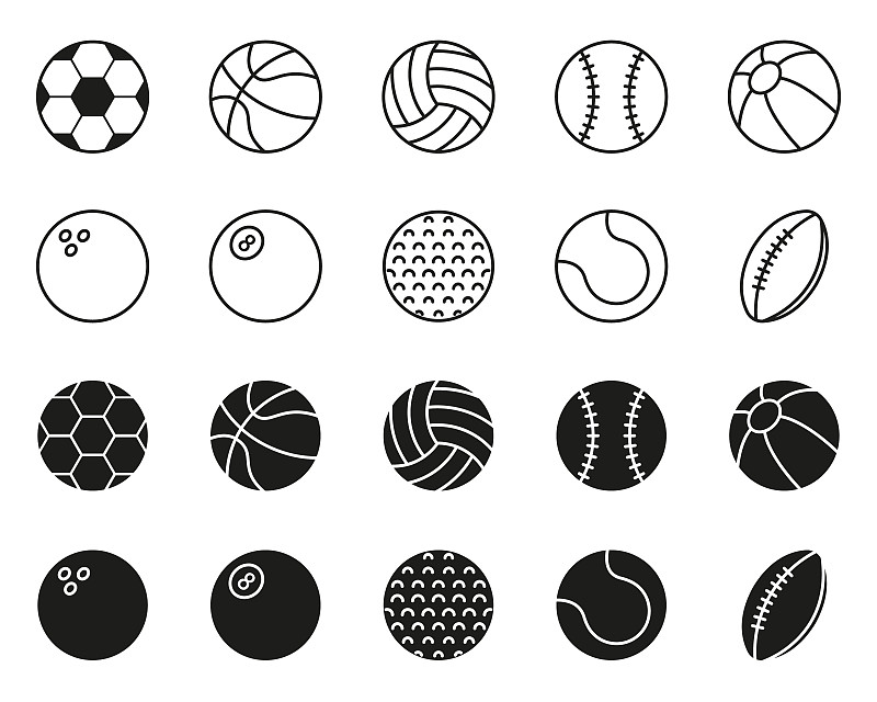 收集篮球，棒球，网球，橄榄球，足球，排球，高尔夫，游泳池，保龄球线和剪影图标的球。一套运动游戏球图标。可编辑的中风。矢量图下载
