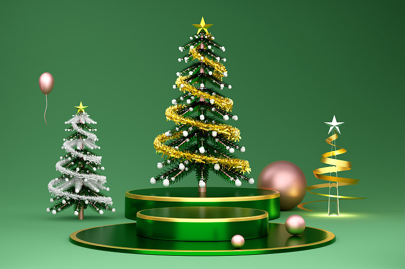 讲台空玻璃球和圣诞树在绿色组成的网站或海报或幸福卡片，圣诞横幅和节日新年，现实的3d插图或3d渲染图片下载
