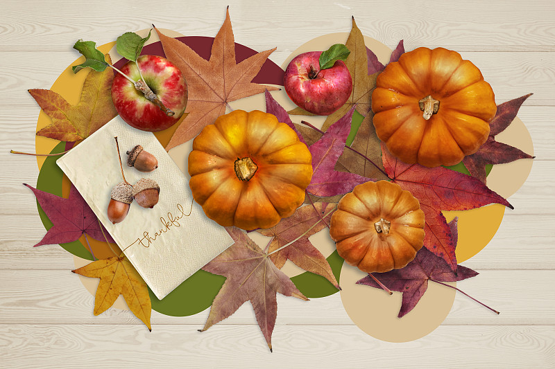 苹果、南瓜、橡子放在写着“感谢”的餐巾上，落叶放在浅色的木头背景上。前视图。感恩节秋天背景。图片下载