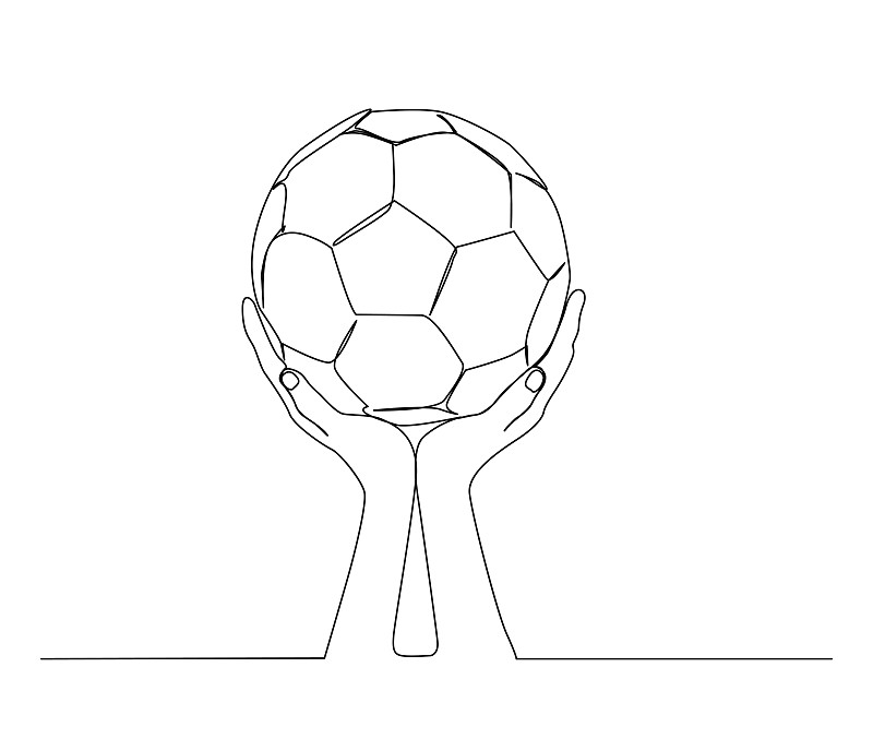 手握足球奖杯连续一幅画。足球奖杯简单的线条艺术矢量设计。图片下载