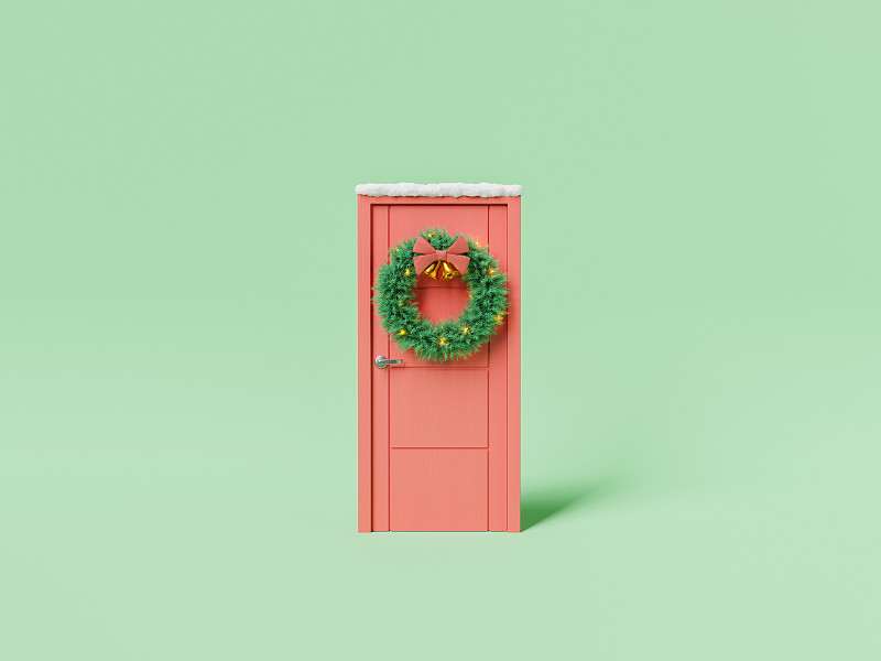门上有传统的圣诞花环图片下载