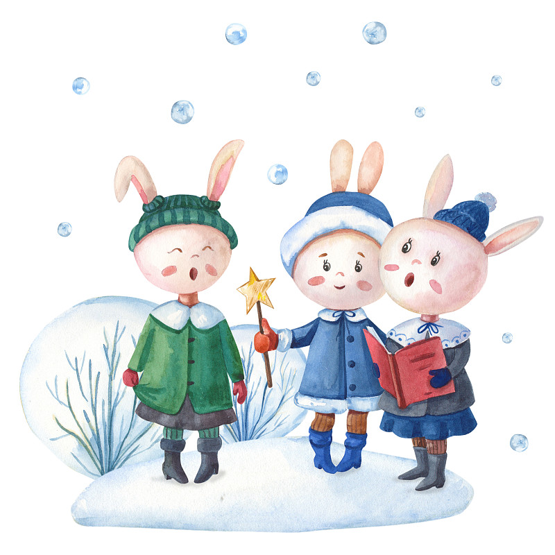 兔子在冬天唱歌。与野兔的水彩圣诞贺卡图片下载