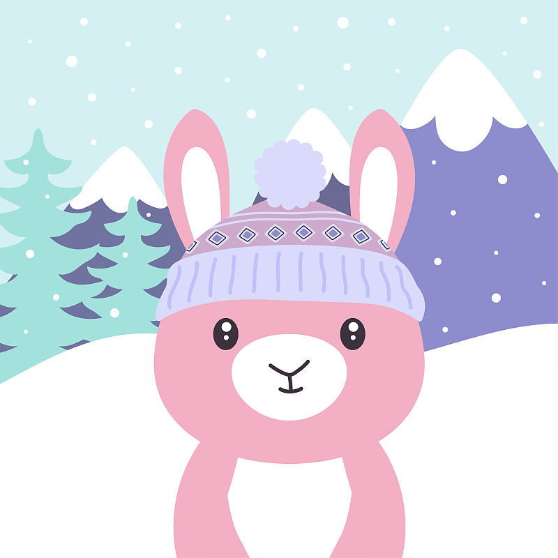 卡通冬天卡片可爱的兔子在雪的背景图片下载