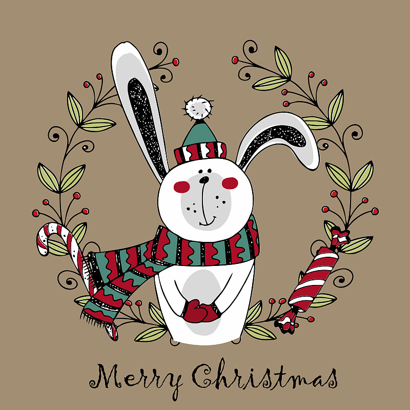 祝你圣诞快乐。冬天戴着围巾的可爱兔子。涂鸦风格。向量。图片下载