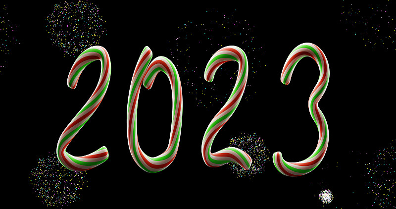 2023年新年。在烟花爆炸的背景下，用圣诞糖果做成的人物。3 d图片下载