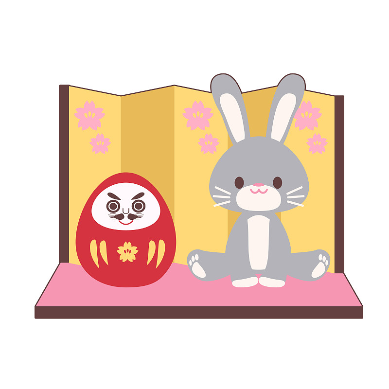 一只兔子和达摩坐在一个折叠屏风前图片下载