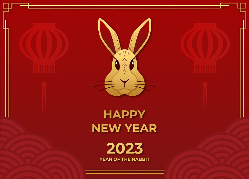 中国新年2023年——兔年。剪影头兔子在红色背景上的金色剪纸风格。贺卡装饰的亚洲元素和灯笼。矢量插图。图片下载