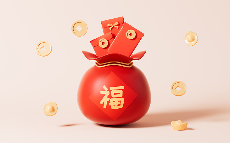 福字红包红包袋，春节主题场景，3d渲染。图片下载