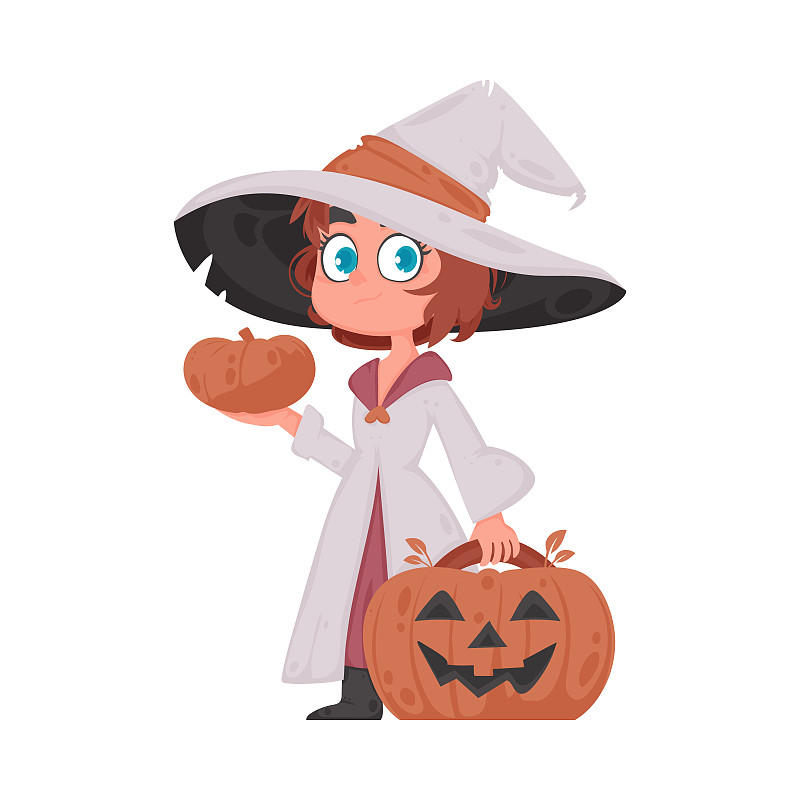 一个小女孩穿着女巫的服装，手里拿着一个鲜艳多彩的南瓜。万圣节是一个与其他节日不同或独特的节日。卡通风格，矢量插图图片下载