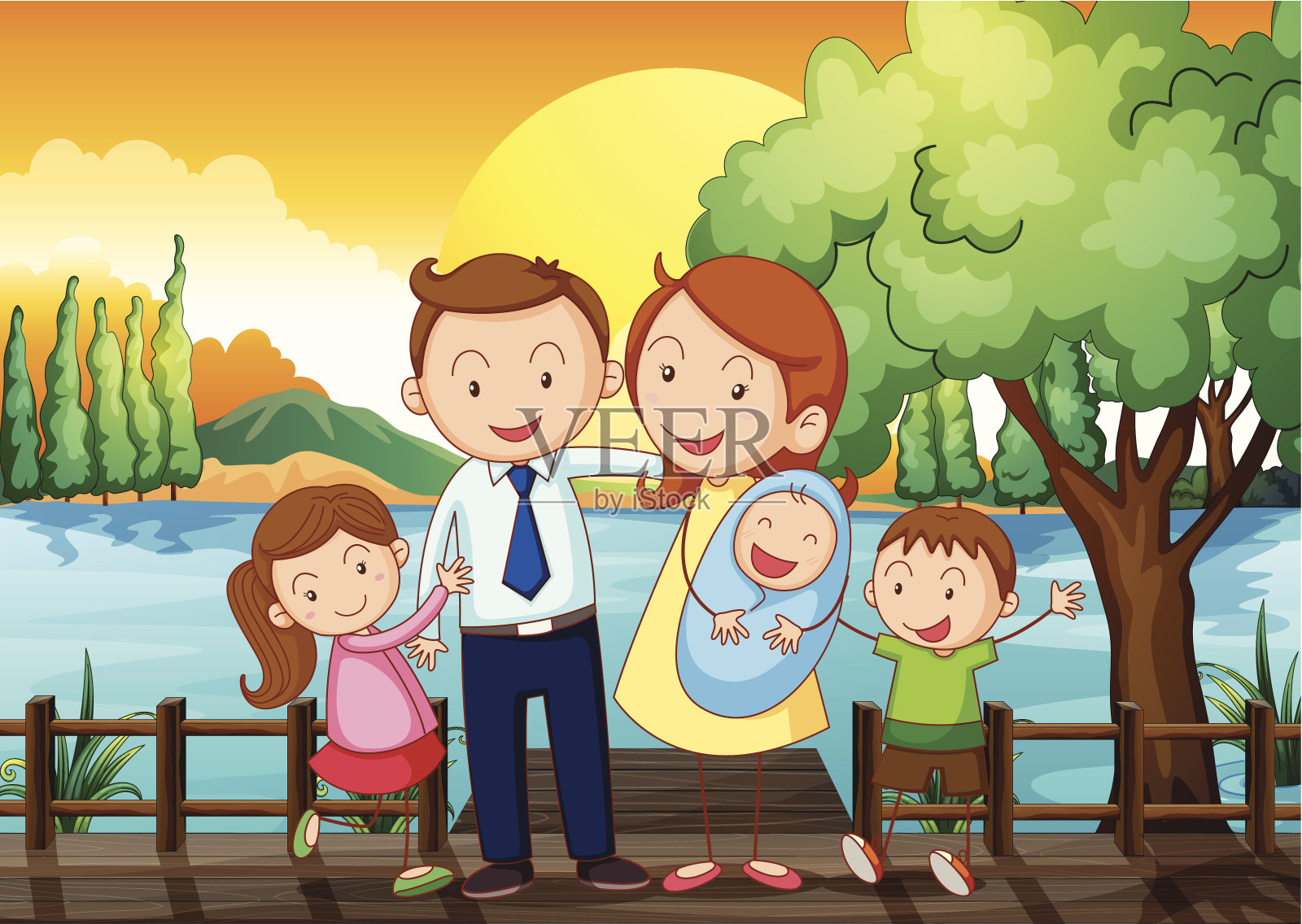 幸福的一家人在木桥上插画图片素材