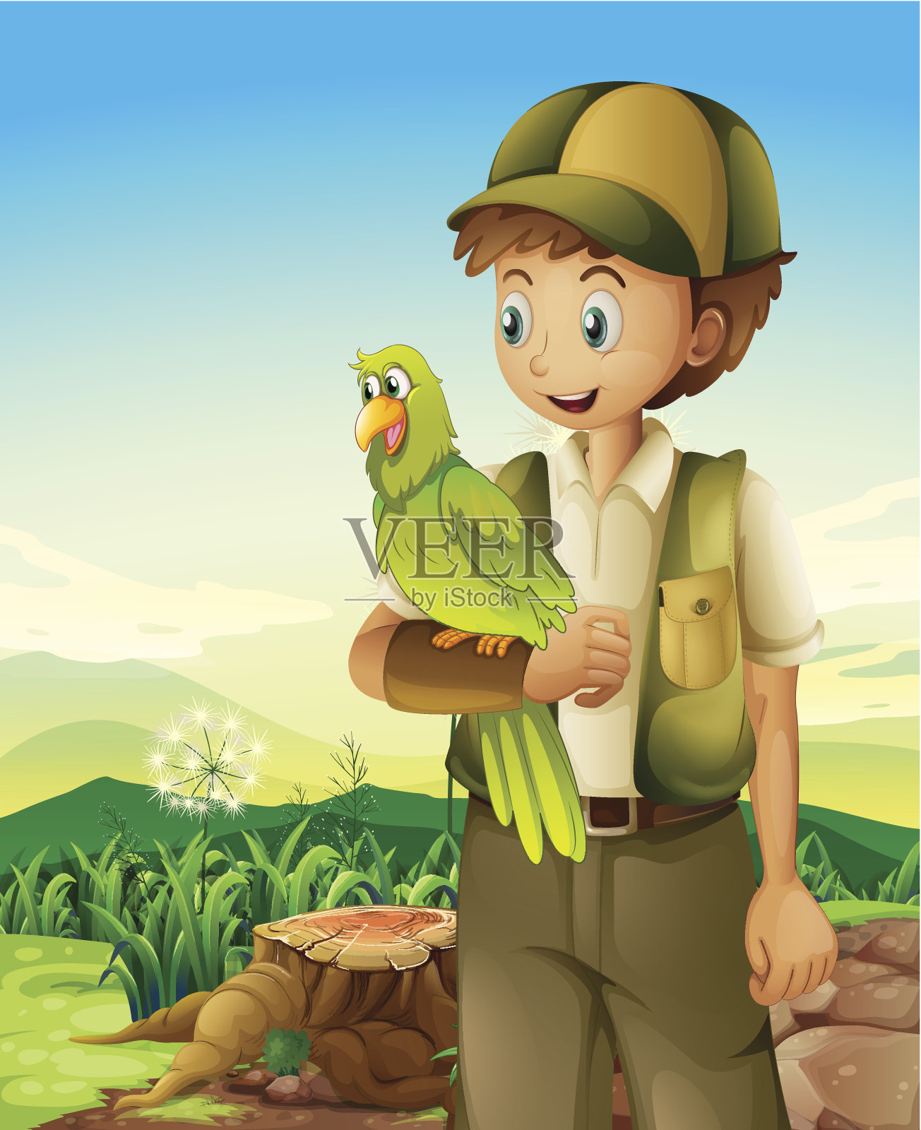 一个男孩抱着一只鹦鹉插画图片素材