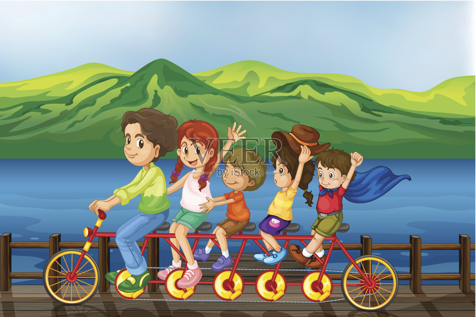 孩子们在桥上骑自行车插画图片素材
