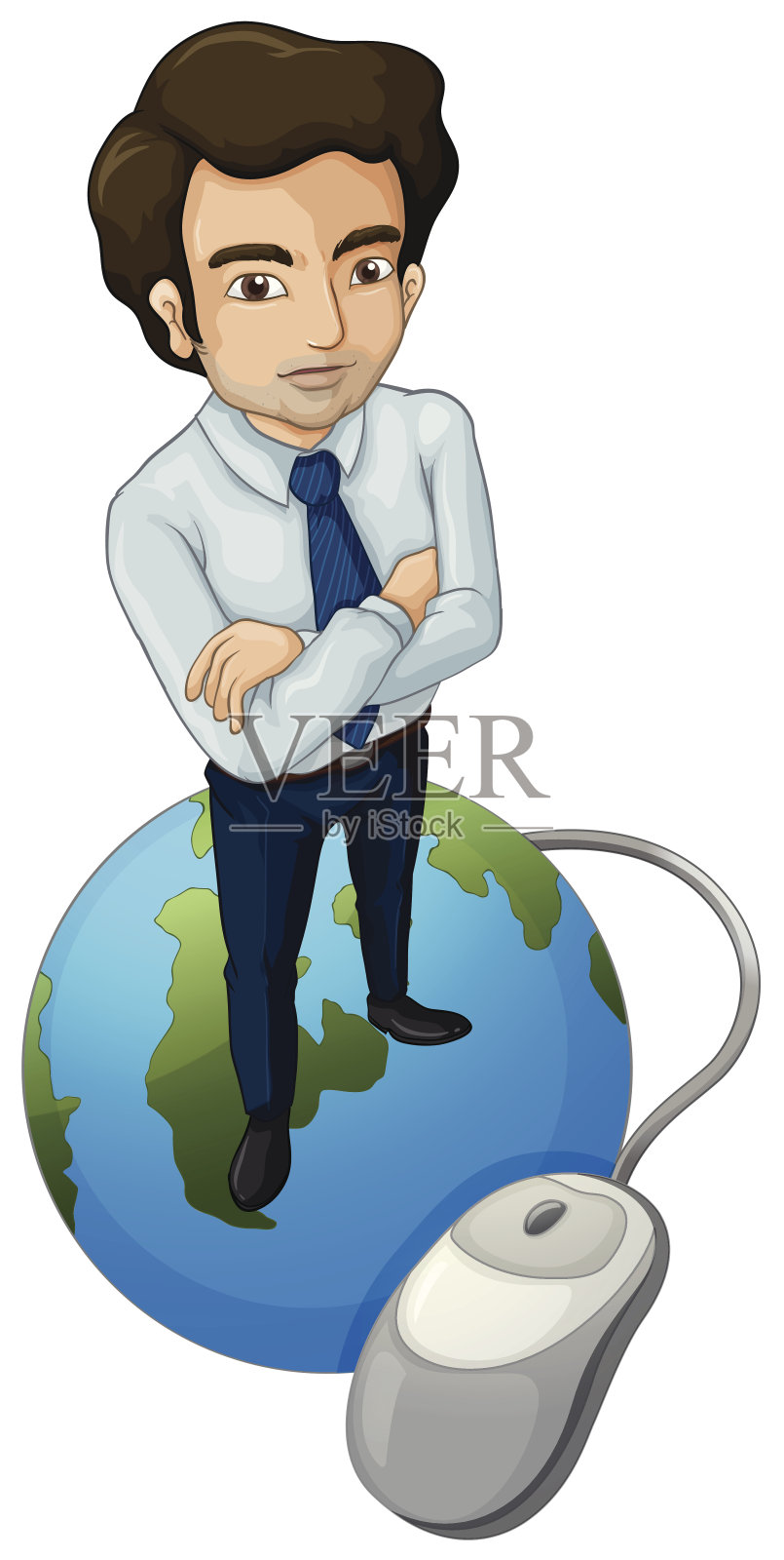 高个男人在地球上，拿着电脑鼠标插画图片素材