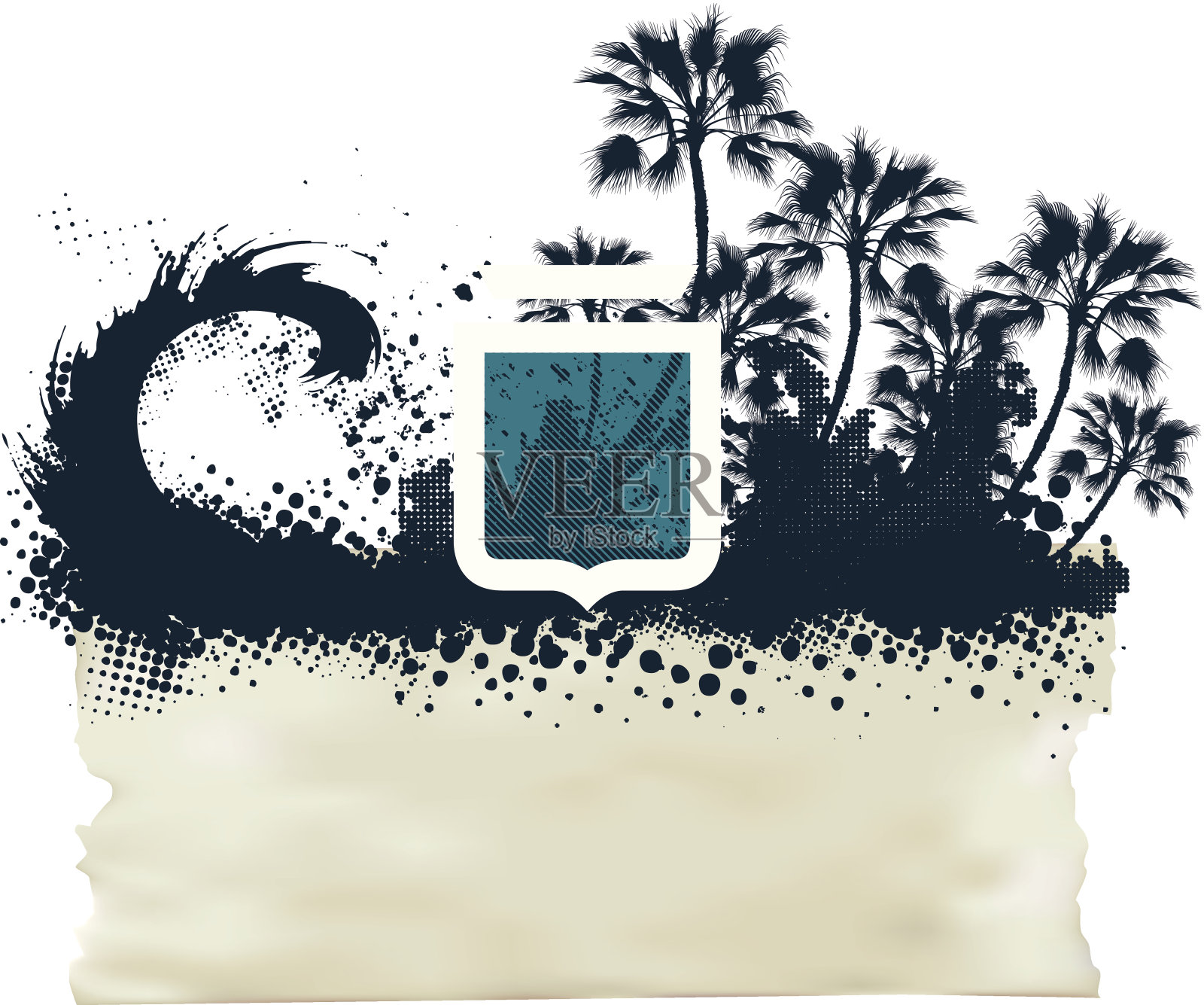 冲浪纸旗帜与盾牌波和棕榈树插画图片素材