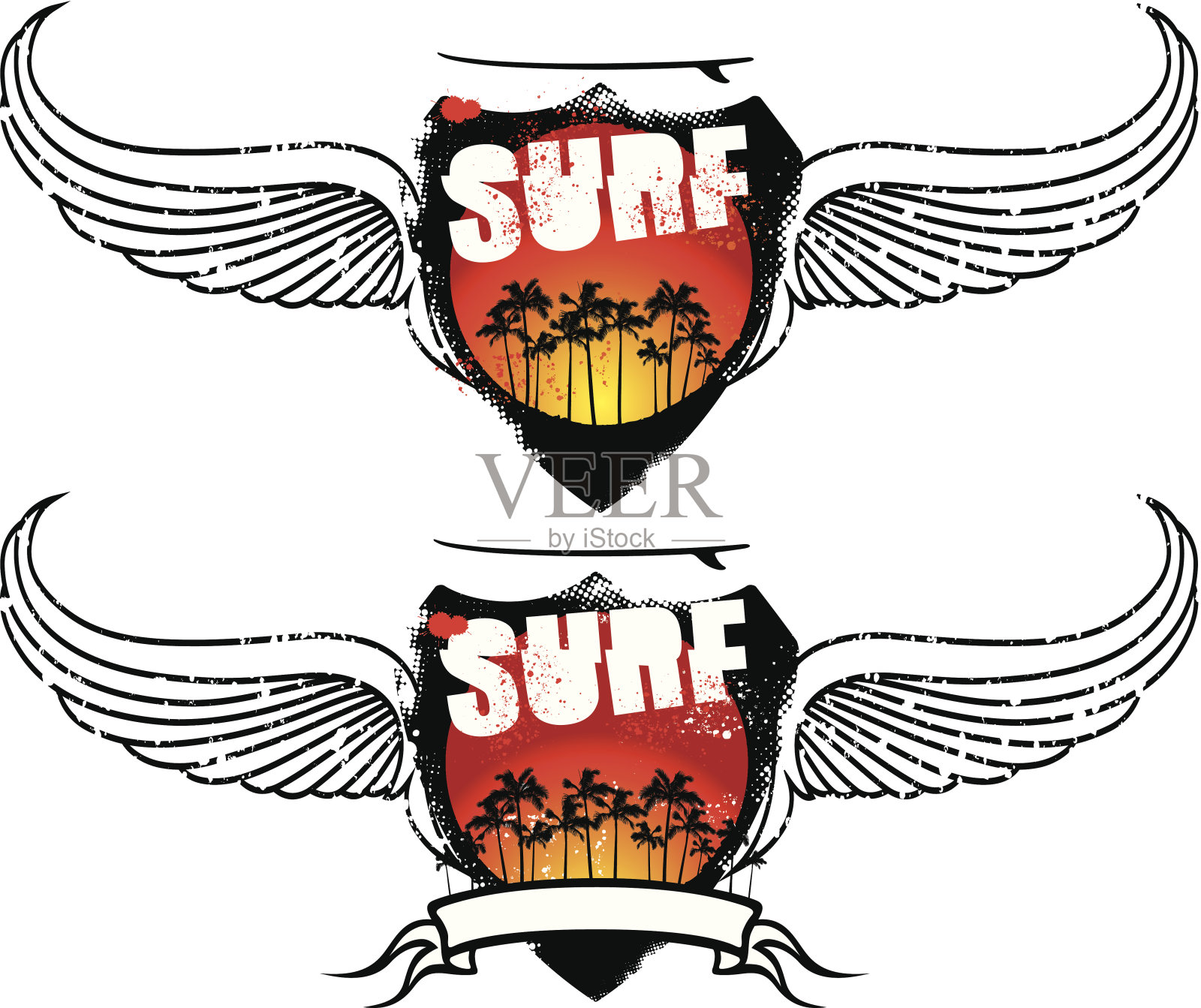 两个冲浪盾，旗帜日落和翅膀插画图片素材