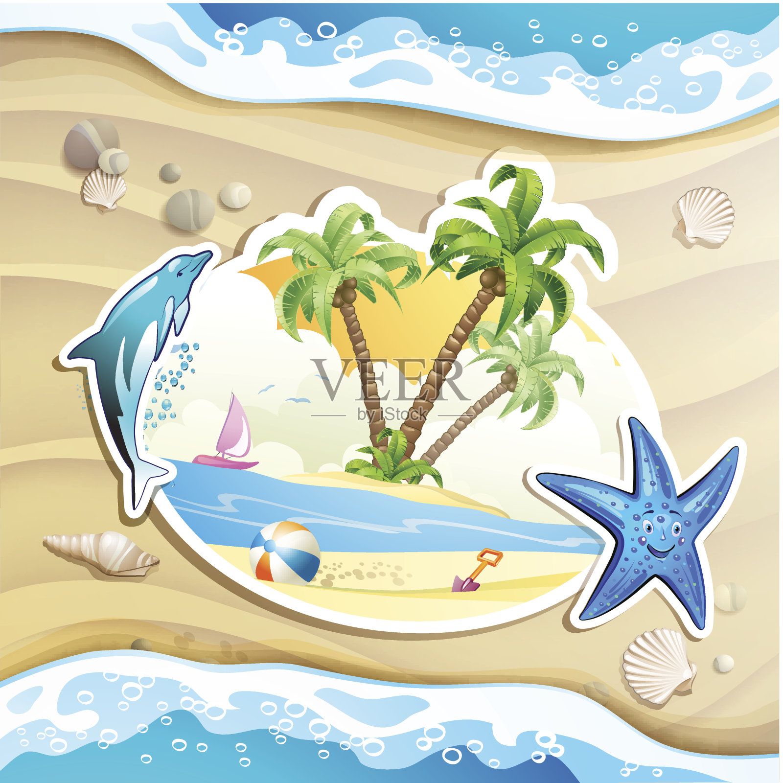 夏日沙滩上有棕榈树插画图片素材