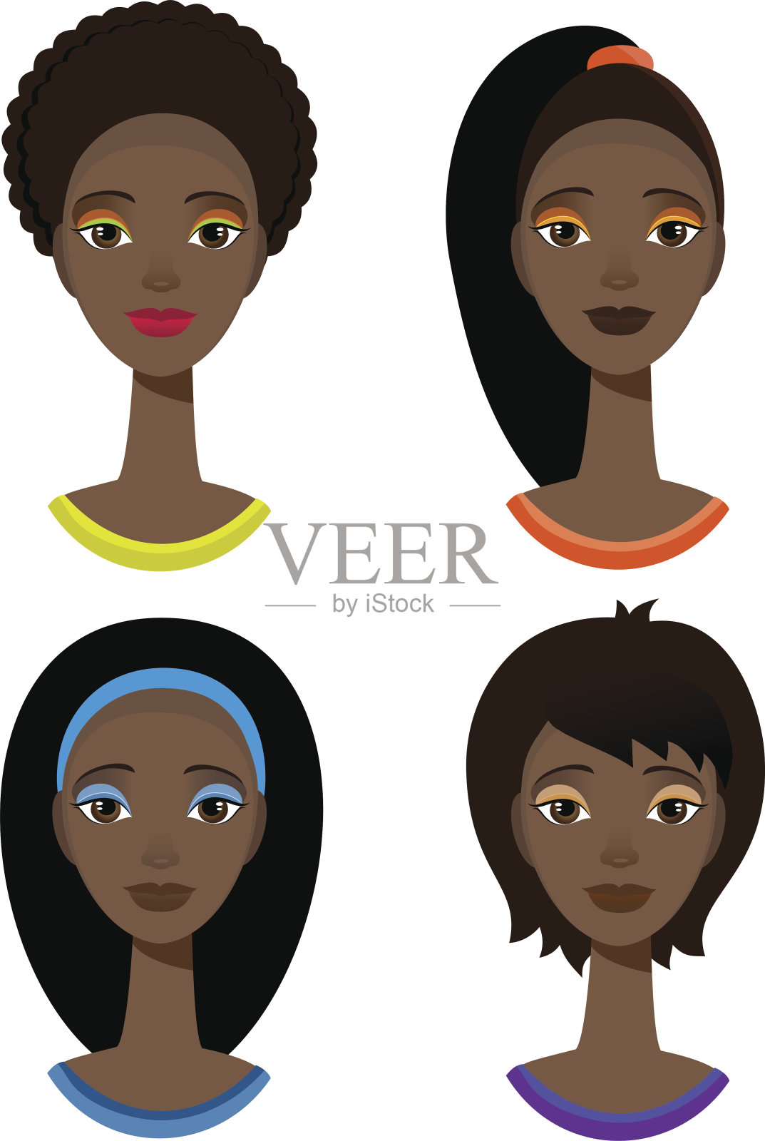 漂亮时尚的非洲裔美国女人与不同的发型。设计元素图片