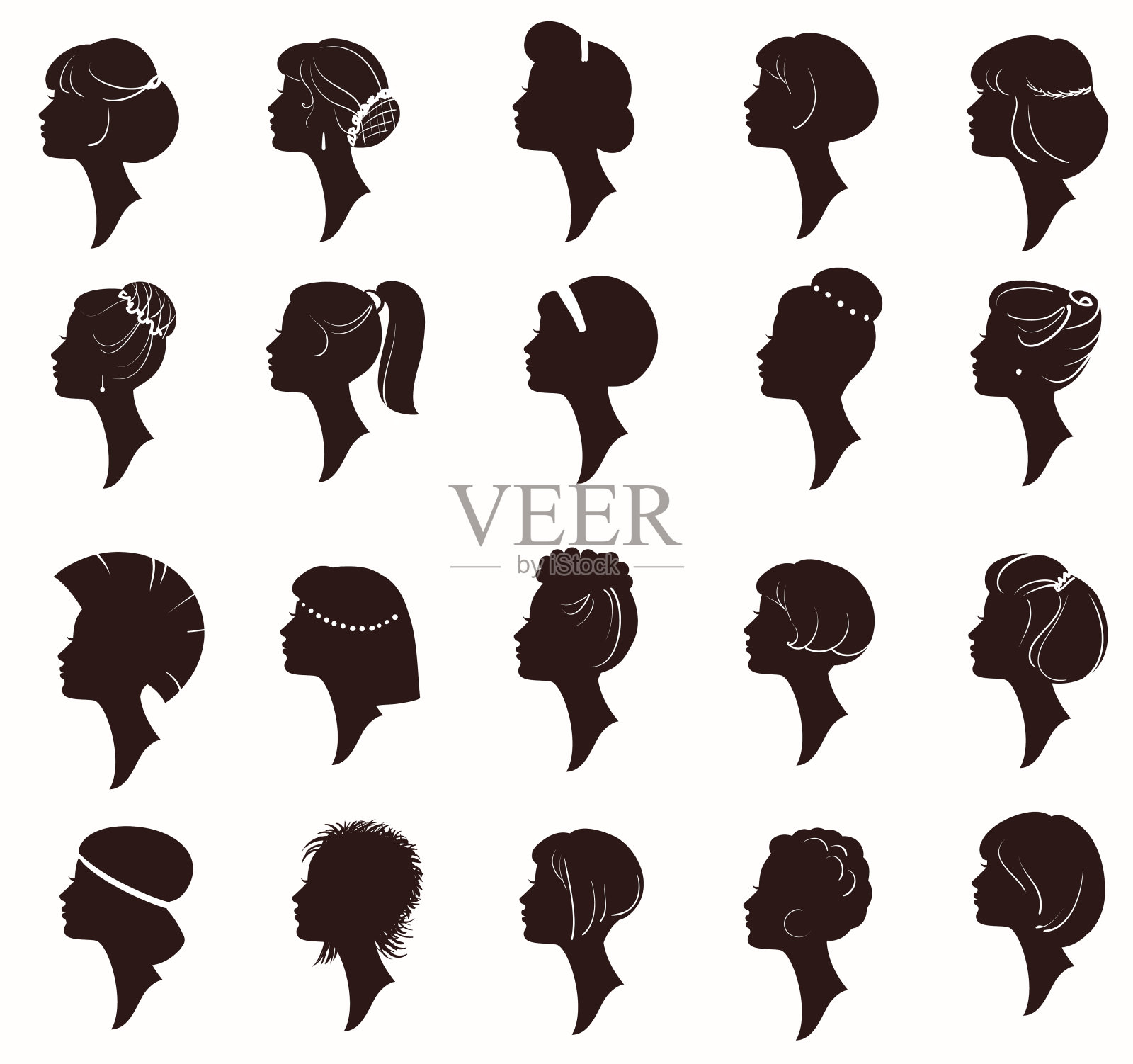 剪影插图的女人与不同的发型设计元素图片