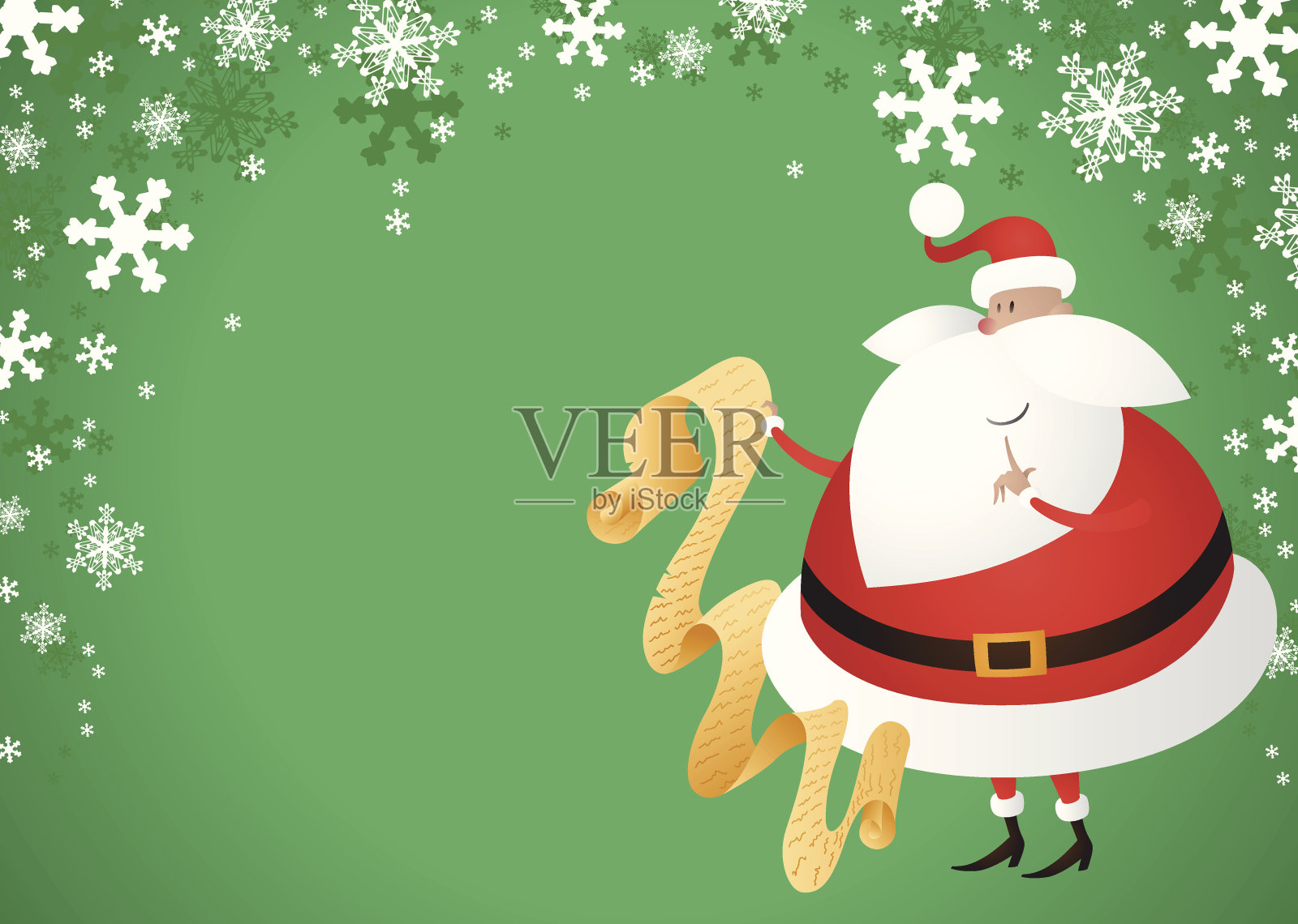 可爱的圣诞老人与名单上的绿色背景插画图片素材