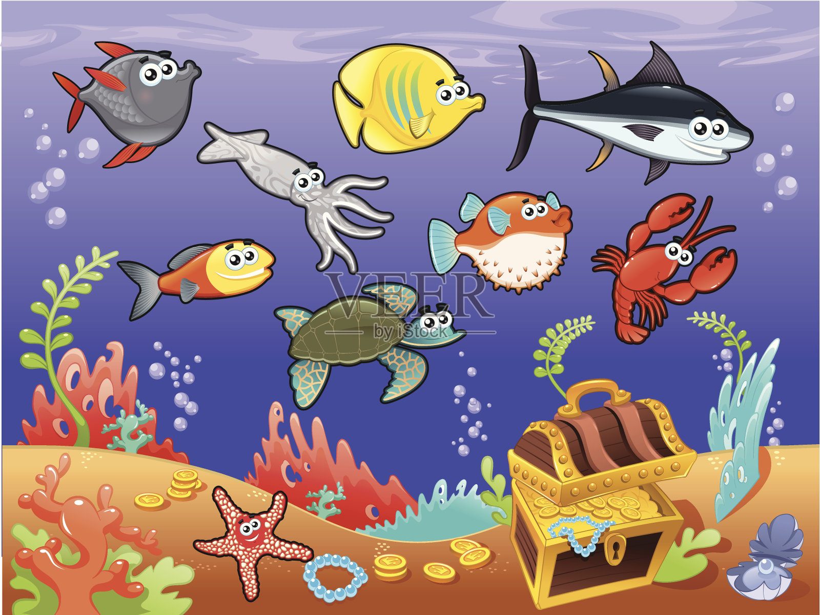 海底搞笑鱼家族。插画图片素材