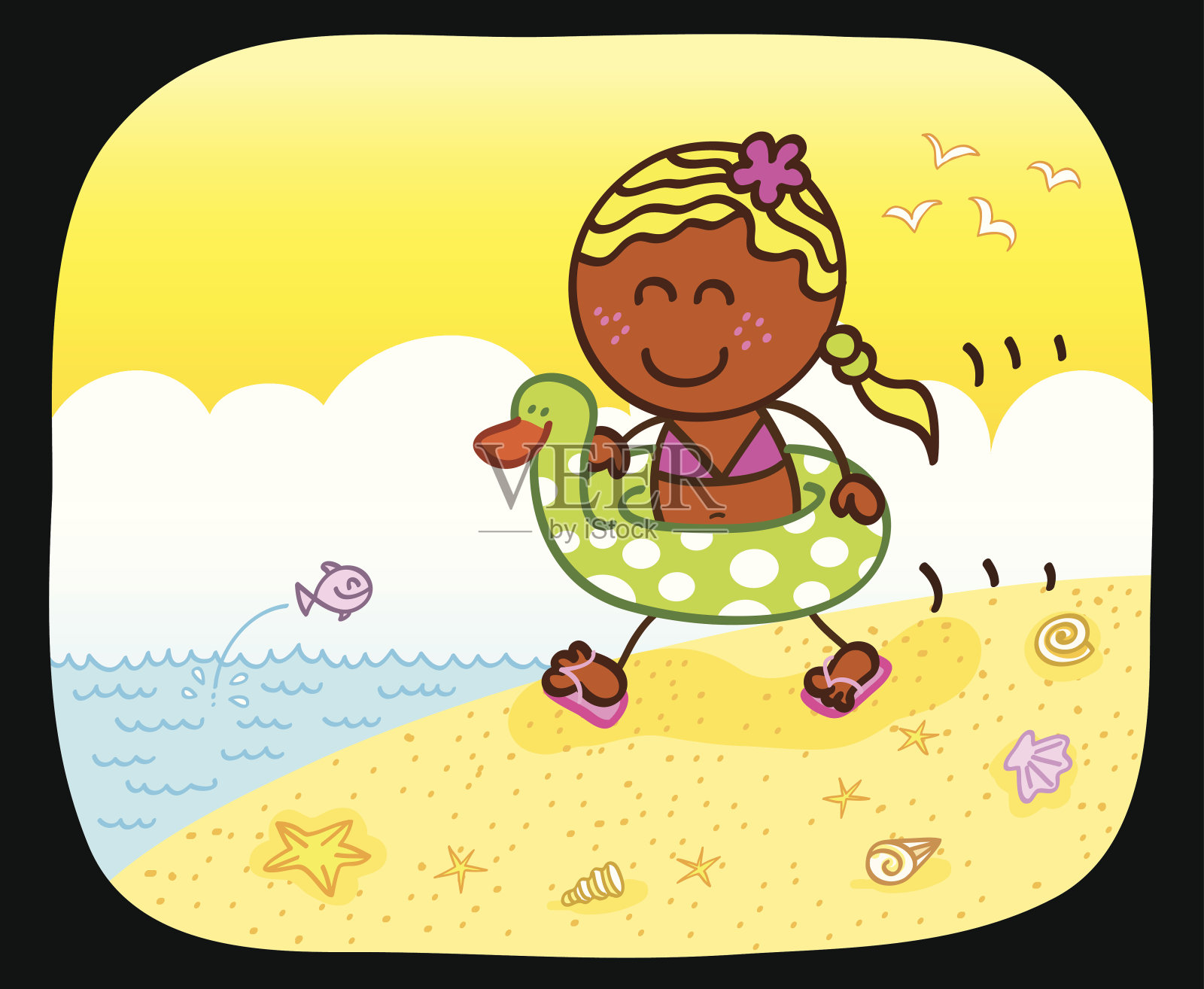 海滩卡通的快乐黑人女孩设计元素图片