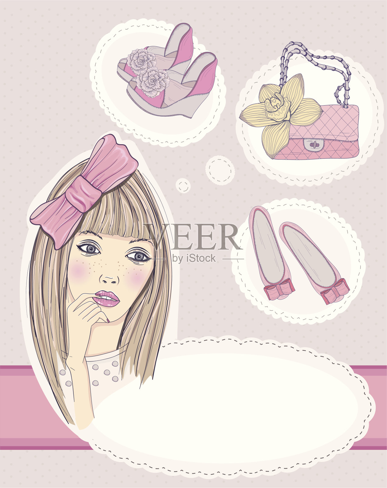 时尚女孩梦想着包和鞋子插画图片素材