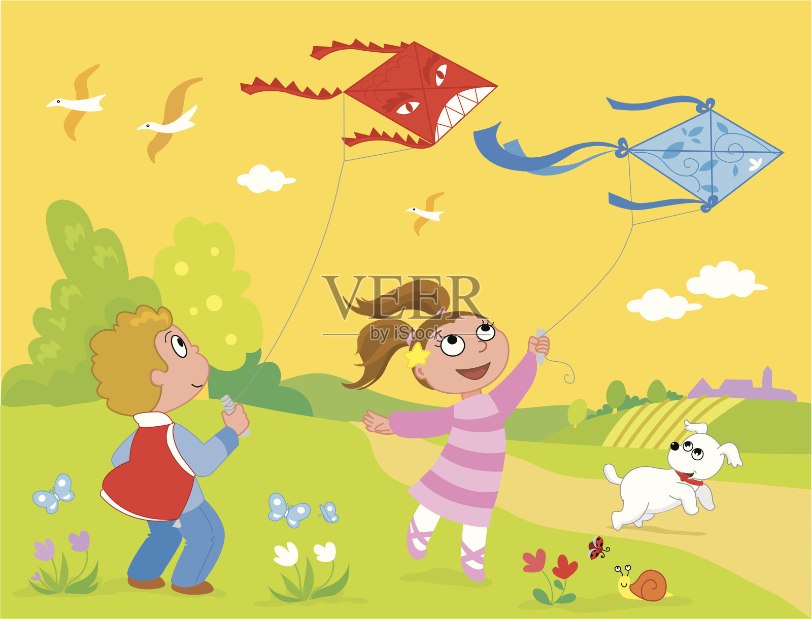 孩子放风筝。插画图片素材