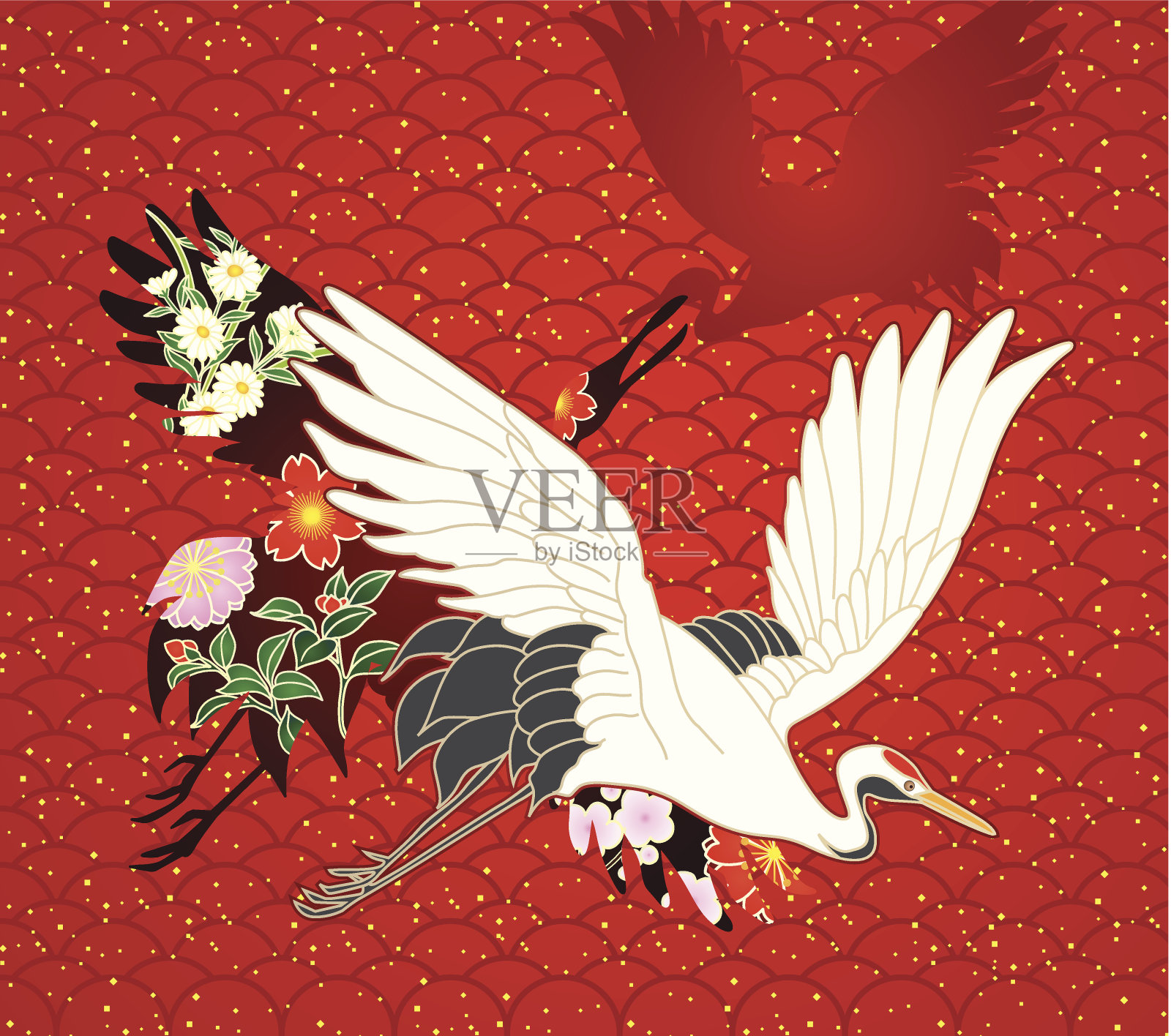 红色背景上的飞鹤插图插画图片素材