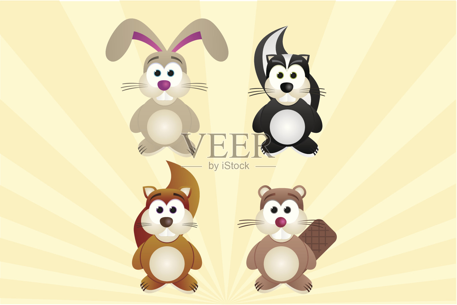 一组4种动物:兔子，臭鼬，松鼠，海狸设计元素图片