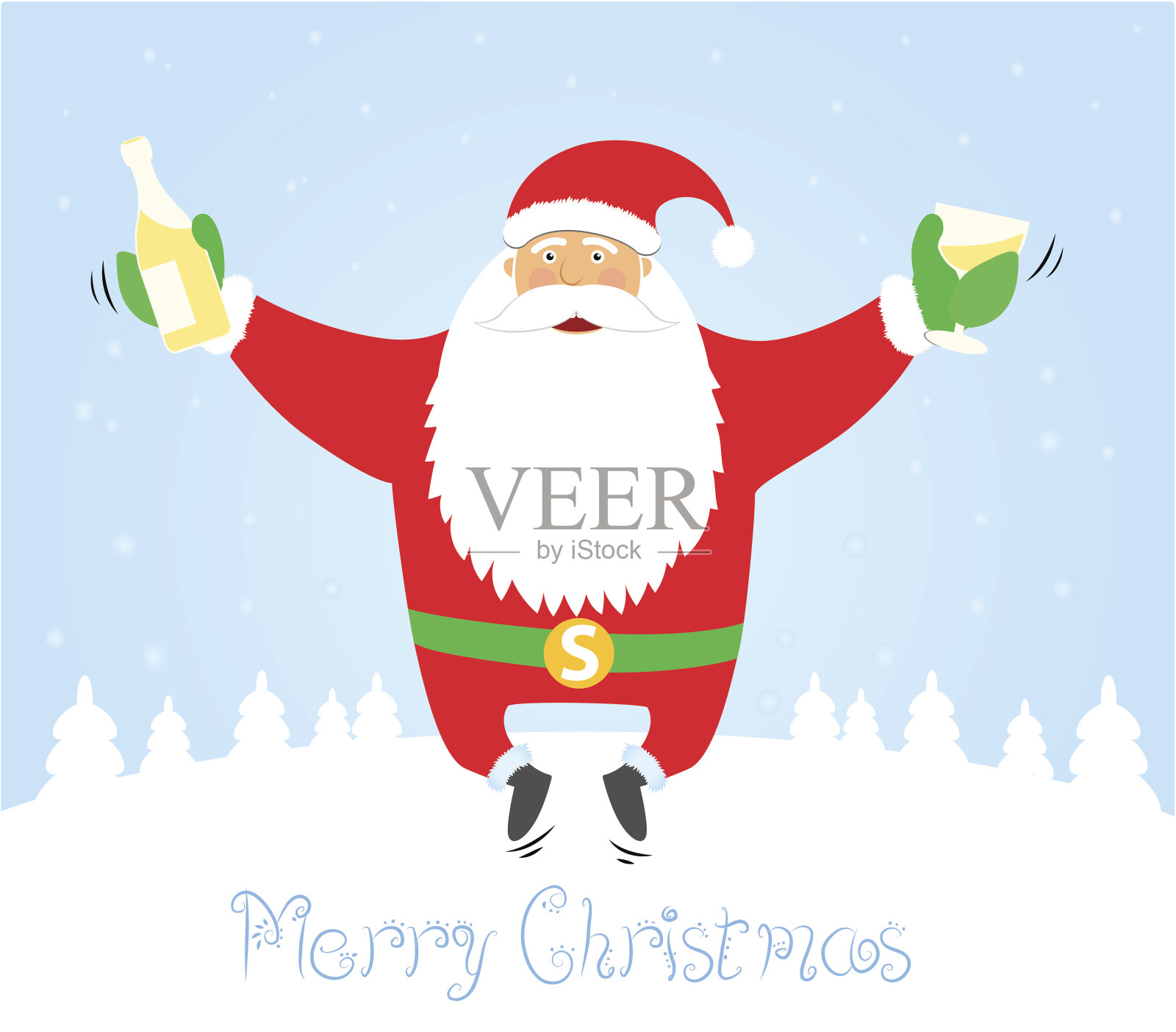 圣诞老人拿着酒杯和香槟跳跃。插画图片素材