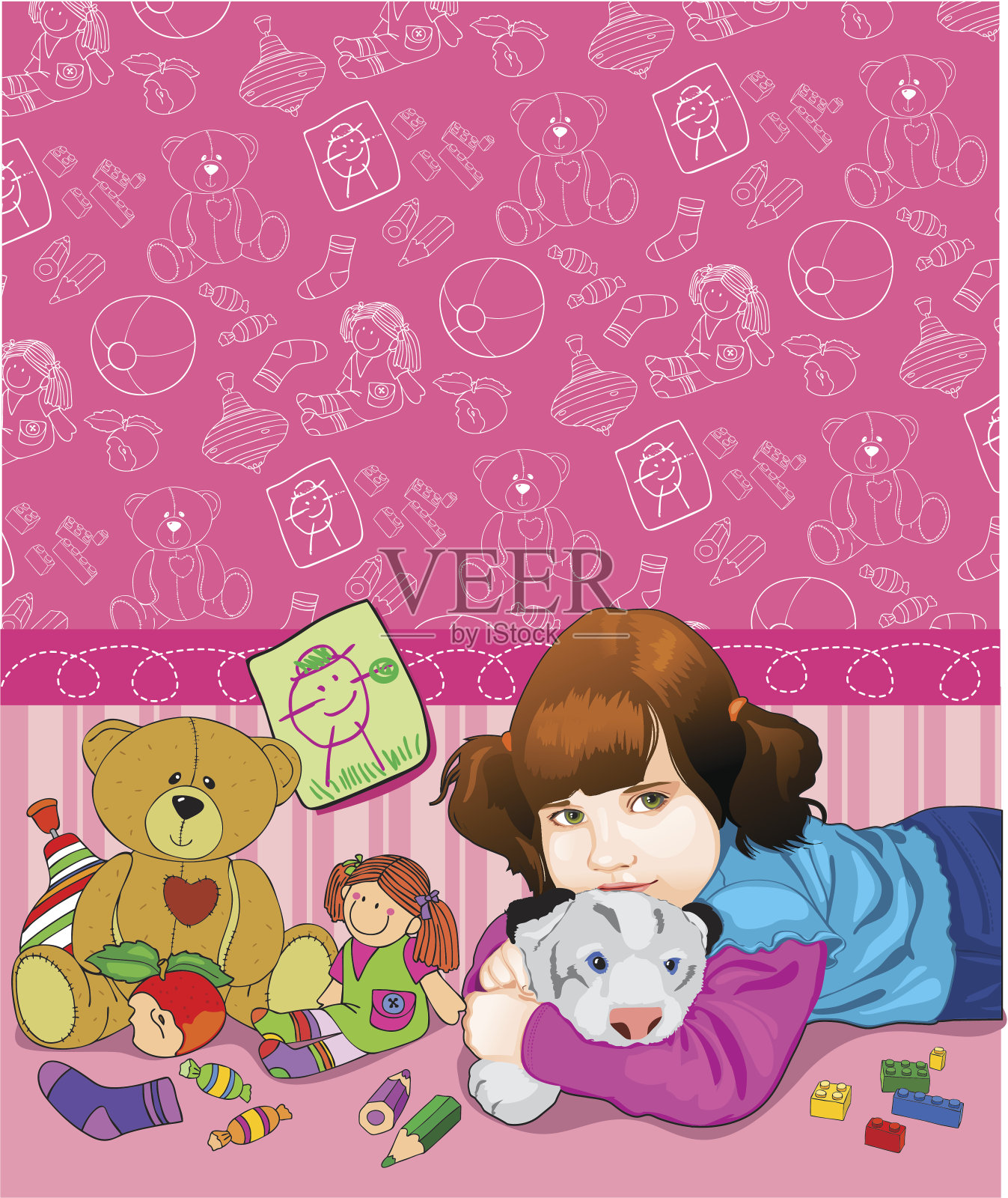 儿童图案与女孩的玩具插画图片素材