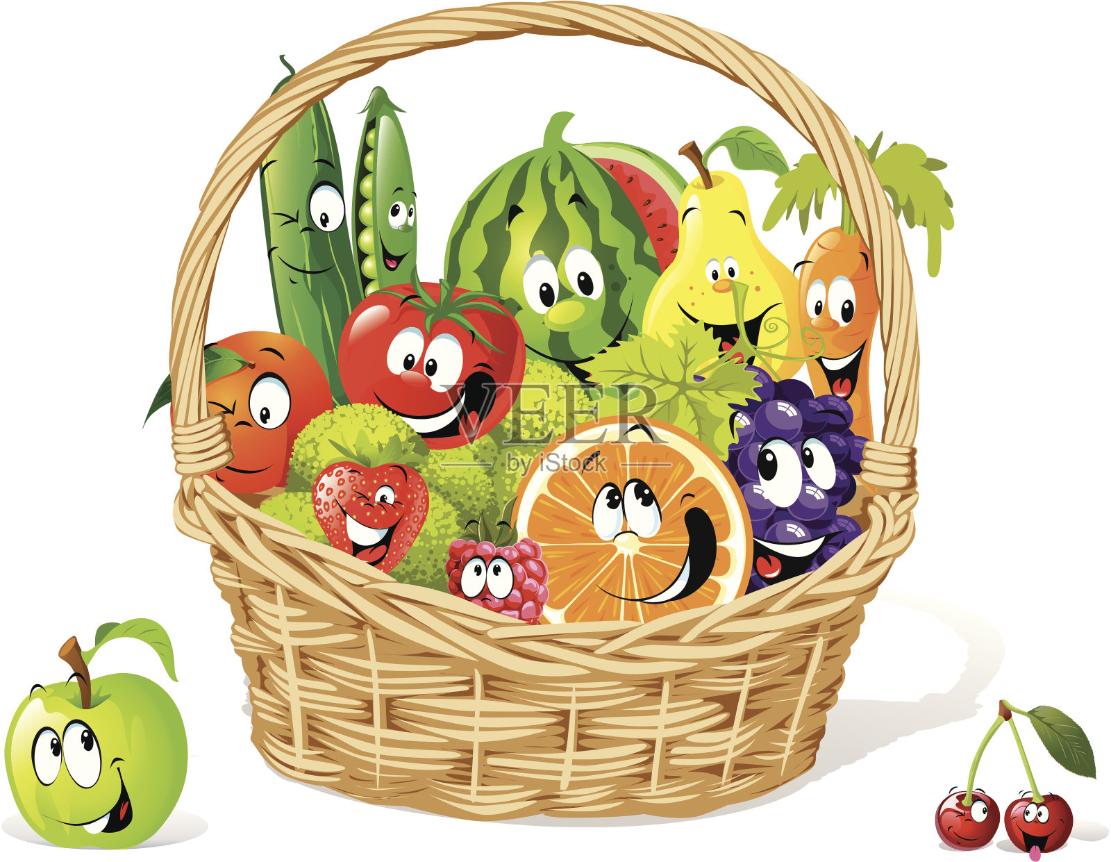 快乐的水果和蔬菜卡通篮插画图片素材