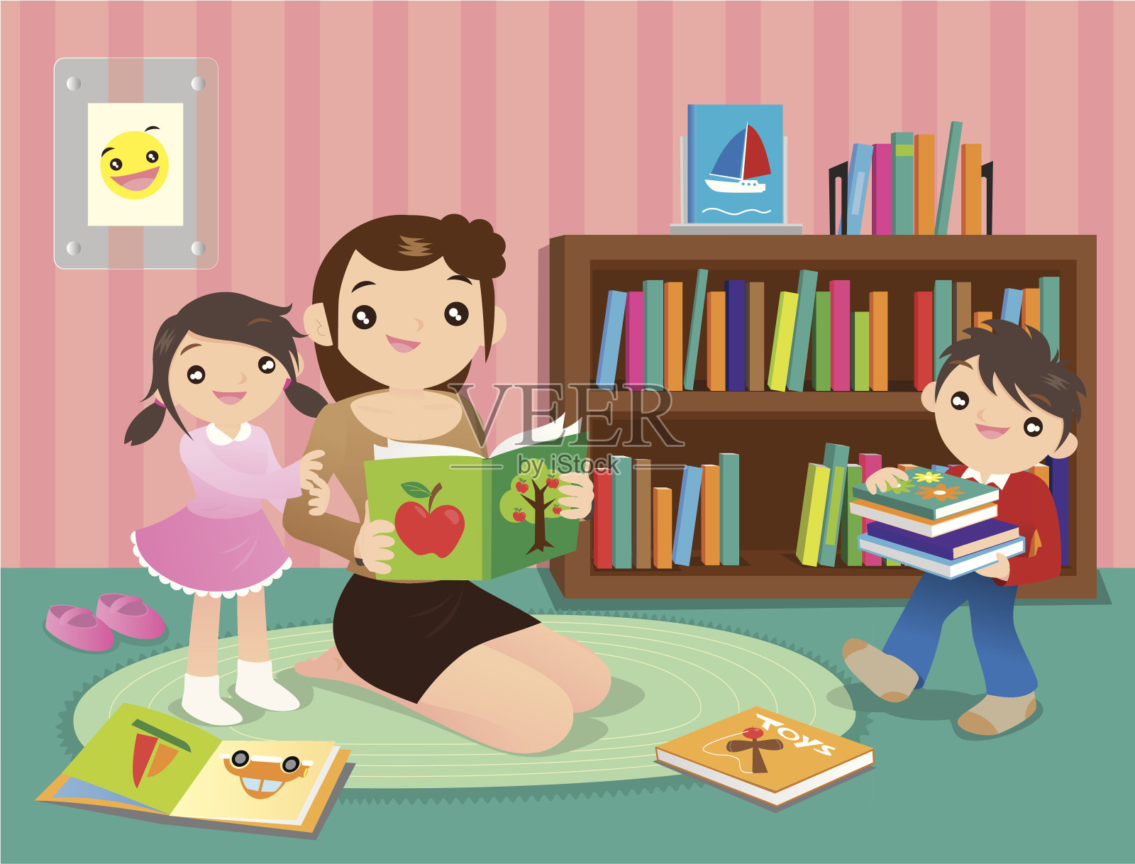 图书馆的家庭乐趣插画图片素材