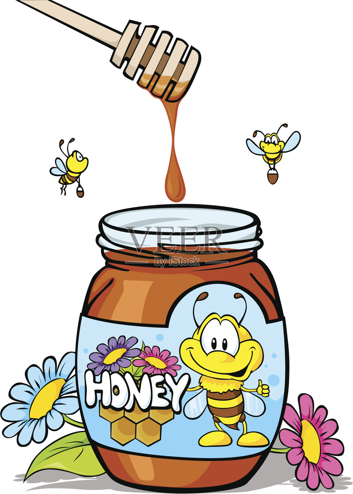 蜂蜜罐和木勺插画图片素材