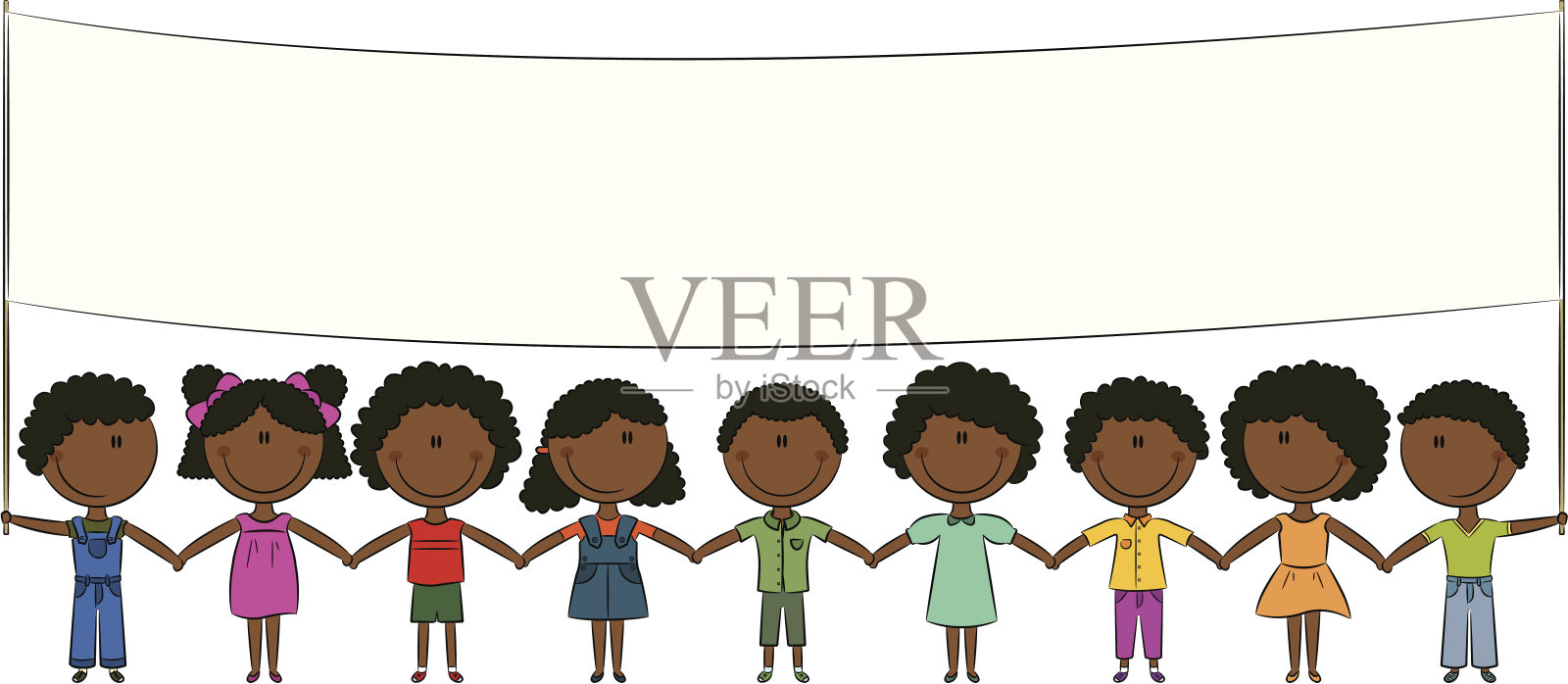快乐的非洲裔美国孩子们举着空白的横幅插画图片素材