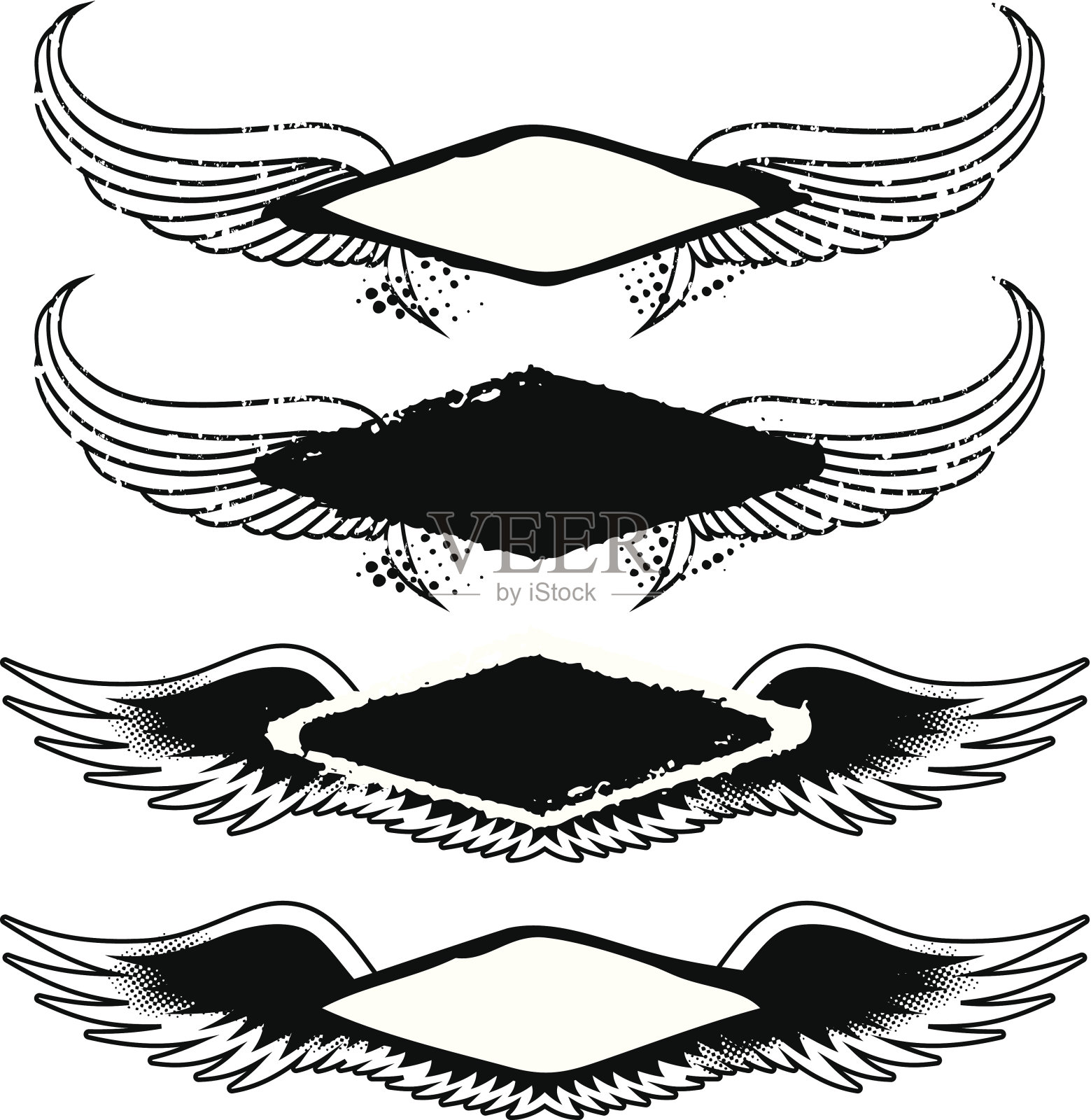 四个带翅膀的垃圾复古盾插画图片素材