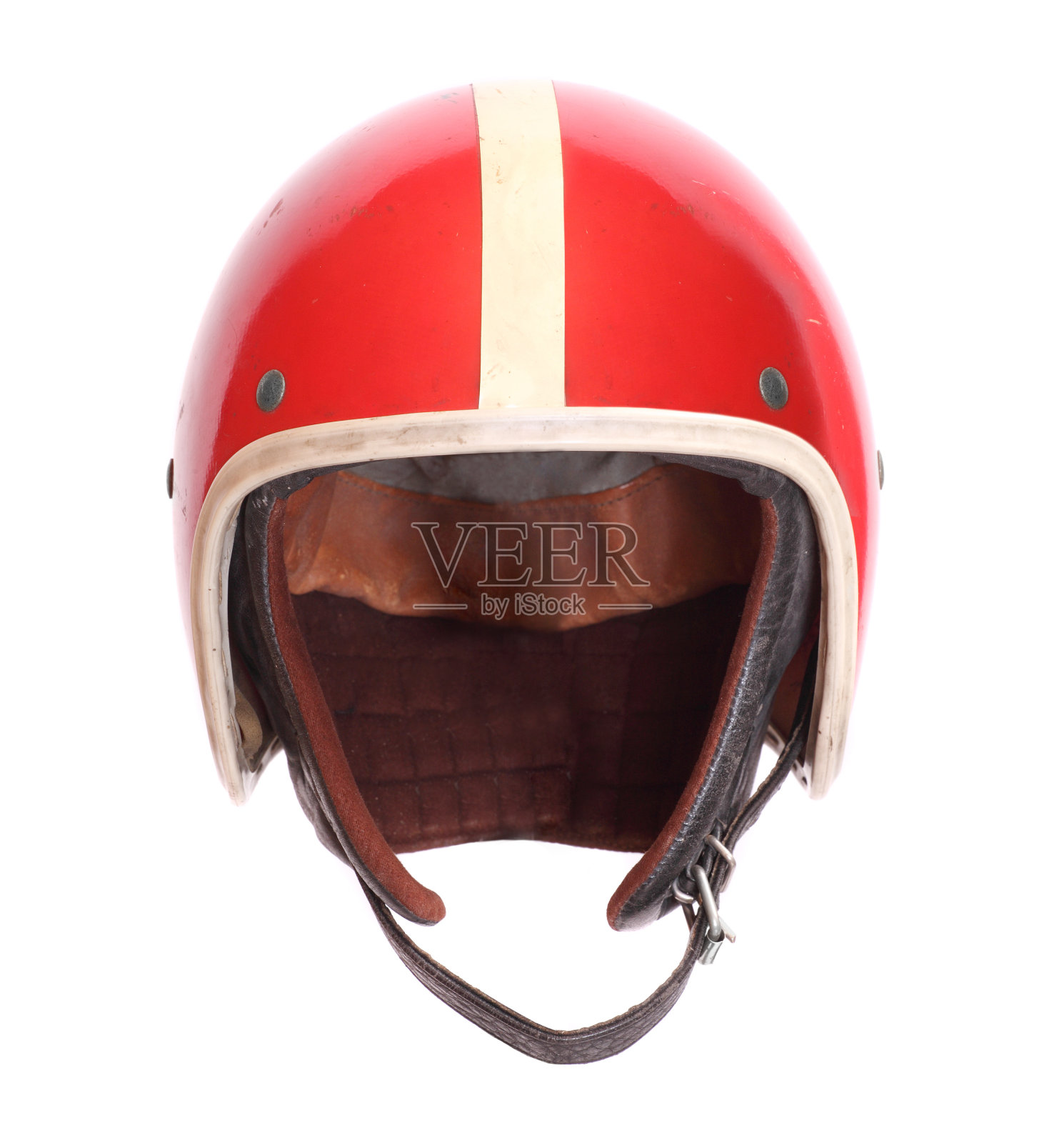 一个红白条纹的摩托车头盔孤立在白色上照片摄影图片