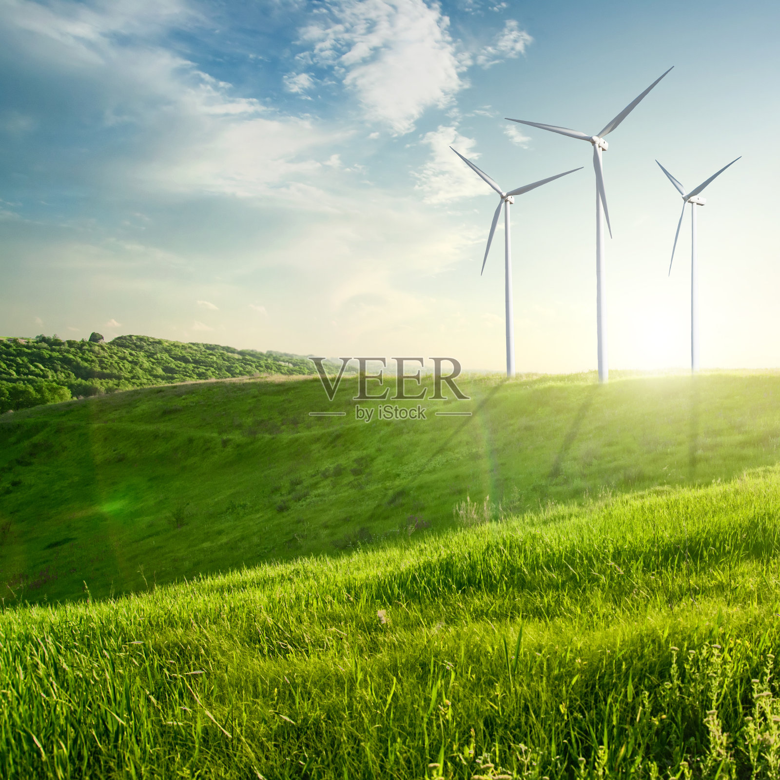 风力发电机涡轮机对夏季景观照片摄影图片