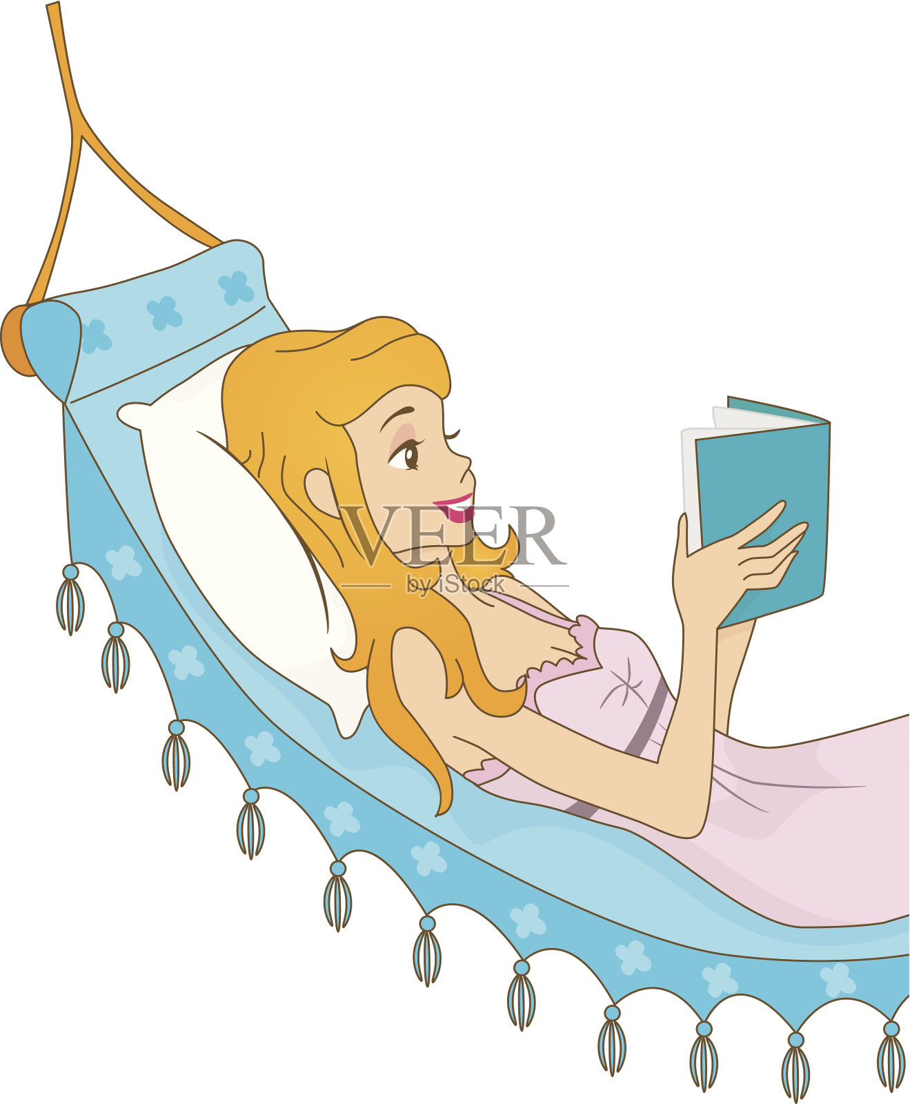 可爱的女性在吊床上看书插画图片素材