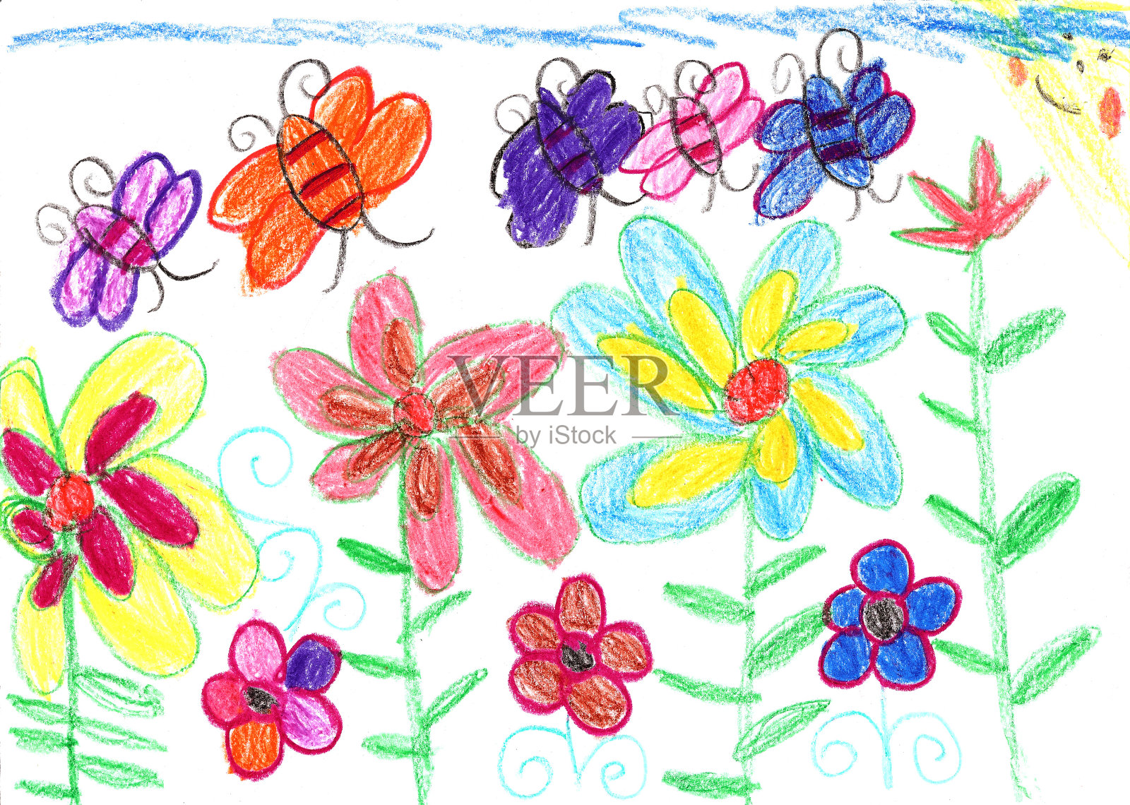 孩子画的是大自然中的蜜蜂和花朵插画图片素材