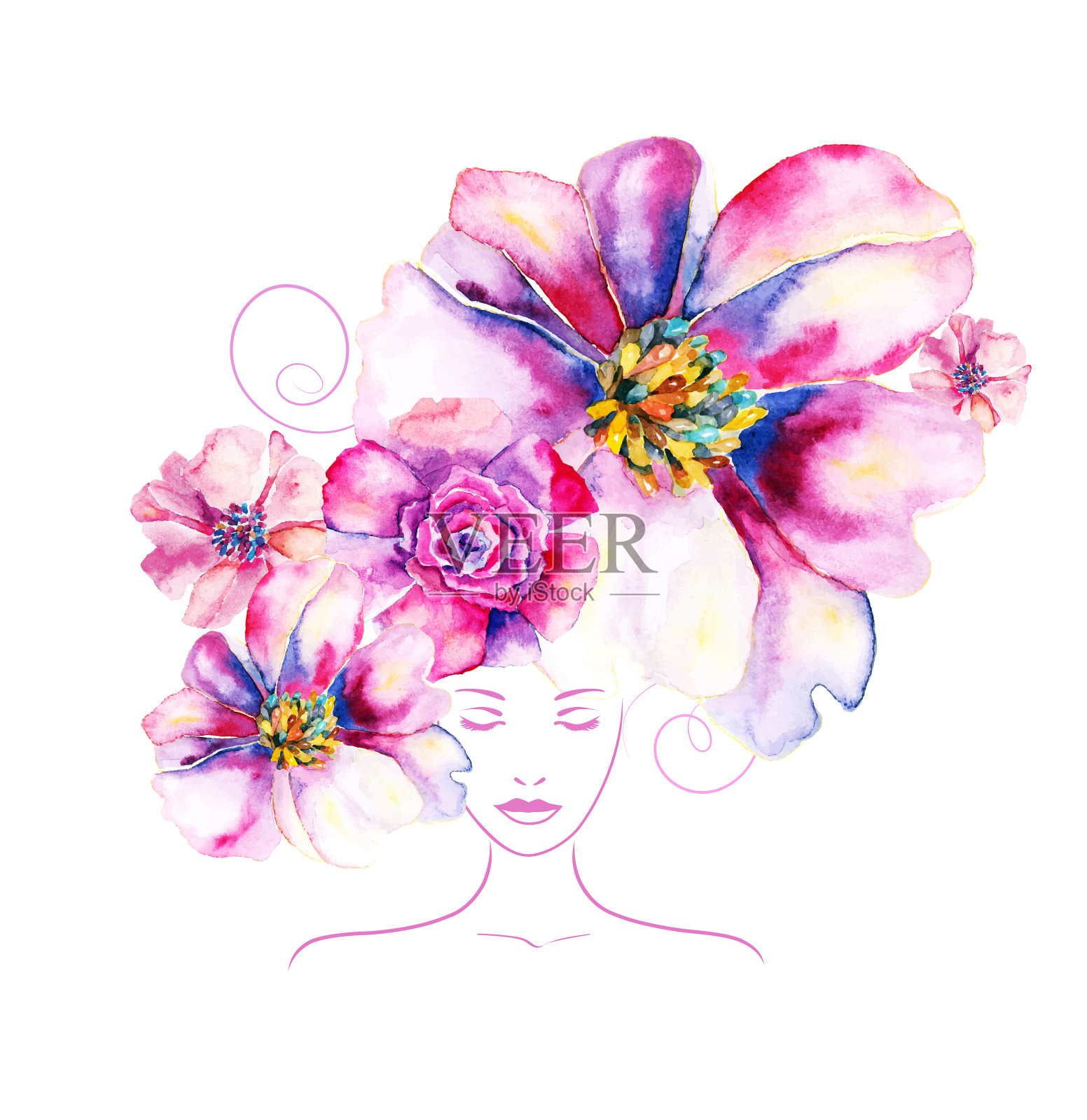 头发上戴着花的女孩插画图片素材
