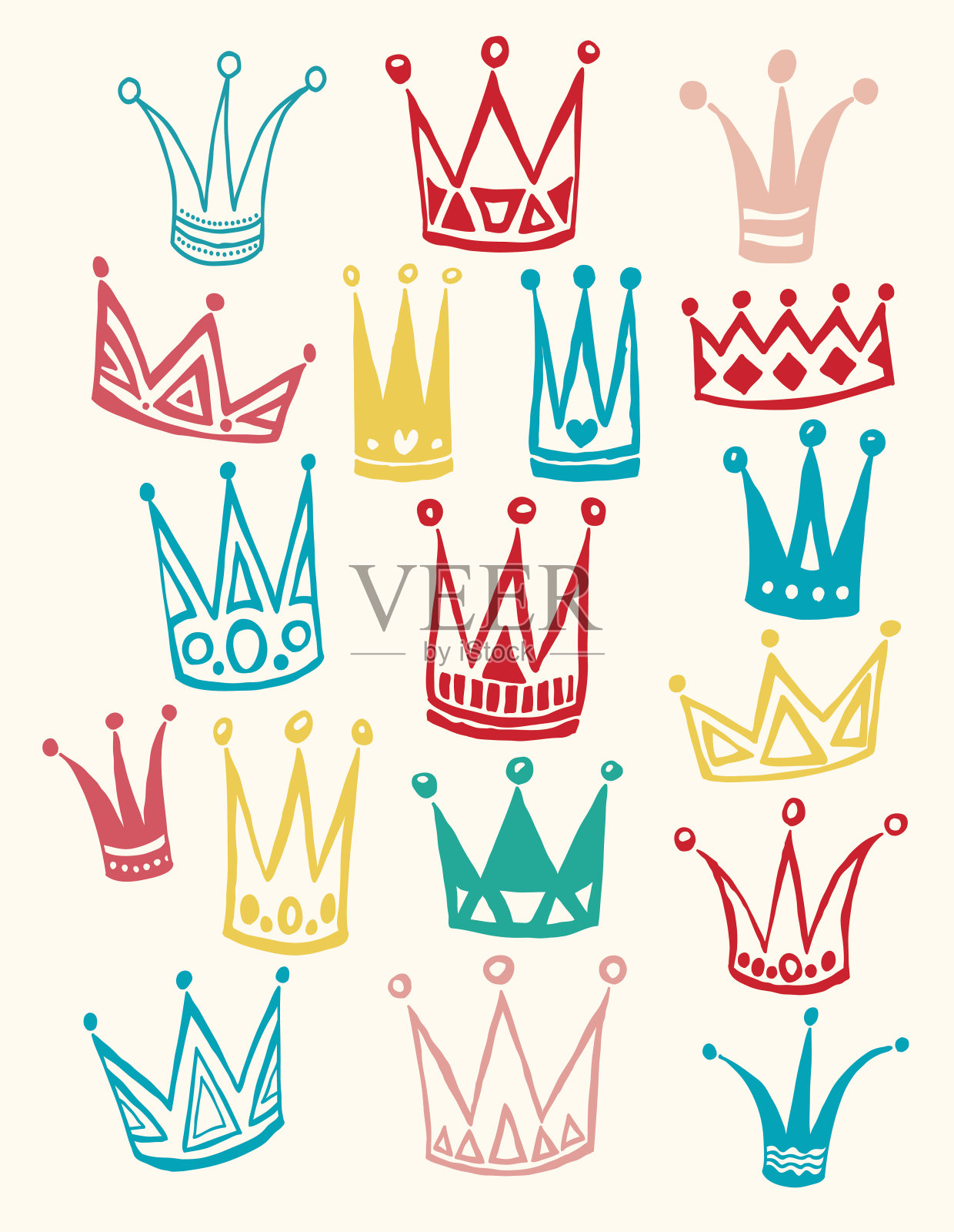 一套可爱的卡通皇冠。手绘矢量背景。插画图片素材
