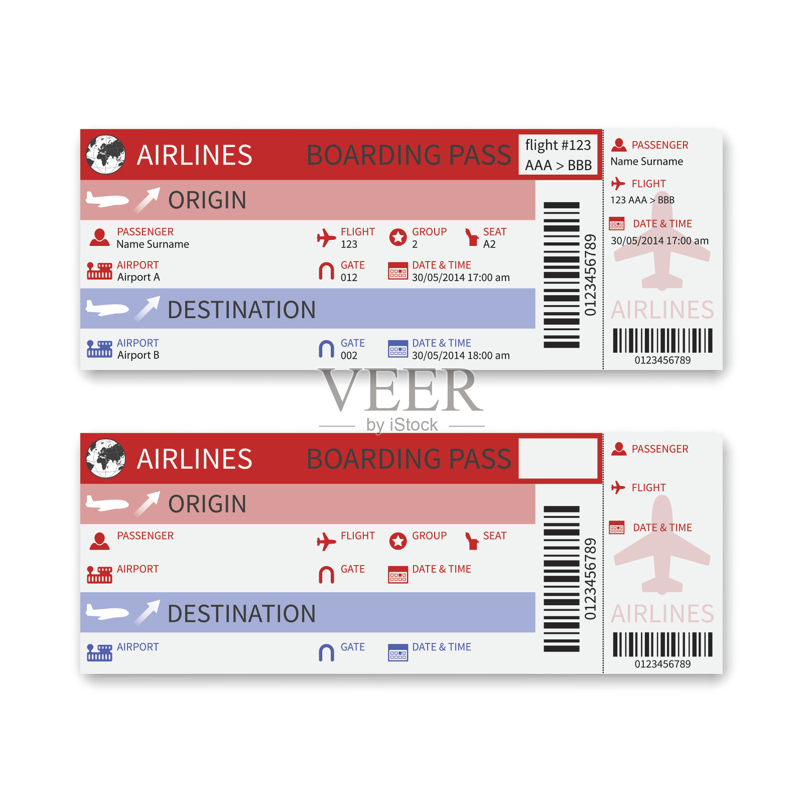 向量航空公司登机牌机票孤立在白色背景。设计模板素材